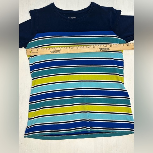 Kim Rogers Women’s Small Striped 3/4 Sleeve Cotton Top Blue Green - Picture 3 of 7